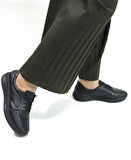 Beyaz İçi Dışı Hakiki Deri Poli Hafif Taban Lastik Bağcıklı Günlük Comfort Kadın Ayakkabı SİYAH