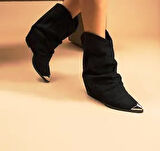 Beyaz (London) Önü Demir Detaylı Katlamalı Nubuk Kadın Kovboy Çizme SİYAH