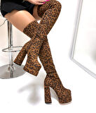 Beyaz (Kindep) Tasarım Yüksek Platform Topuklu Abiye Çizme LEOPAR