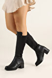 Beyaz (Göktem) Termo Katmaz Taban Kalın Topuklu Günlük Streç Kadın Çizme SİYAH