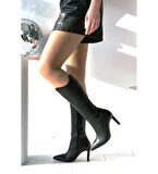 Beyaz (Pine Cone) İnce Topuklu (8 cm) Fermuarlı Kadın Çizme SİYAH