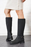 Beyaz (Oc Shoes) Londa Arkası Strech Yan Kemerli Termo Kaymaz Taban Kadın Çizme SİYAH