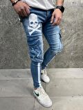 Premium Skull Line Cargo Slim Fit Kot Pantolon Mavi