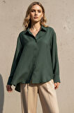 Regular Zümrüt Yeşili Jakarlı İpeksi Yumuşaklıkta Dokulu Kadın Gömlek Modal Kadın Gömlek,