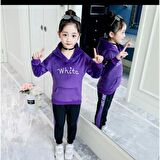 MODAVALS ŞERİT DETAYLI NAKIŞLI KAPİŞONLU KANGURU CEP FRANSIZ KADİFE GARSON BOY KIZ ÇOCUK EŞOFMAN TAKIMI - MOR