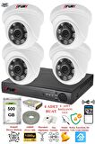 FURY 4 Kameralı 5mp 3.6mm Lens 2mp Görüntü 6 Atom Led Gece Görüşlü FullHd Güvenlik Kamerası 1412A 500 GB