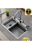 Mutfak Akıllı Eviye Seti Gri Renk Su Arıtma Çıkışlı Şelaleli Ithal 7 Yıl Garanti 75x46cm Full Set