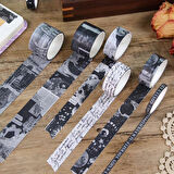 Vintage Washi Tape Bant Siyah Beyaz Yapışkanlı Maskeleme Kağıdı Desenli bant 10 lu - Tablo Yazı Galaksi