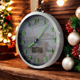 Fosforlu Termometreli Isı Ölçer Dijitalli Kabartma Rakam Gümüş Renkli Metal Duvar Saati Çap 30 cm