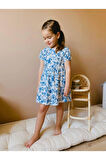 %100 Pamuklu Mavi Çiçek Desenli Kısa Kollu Keten Elbise Bayramlık