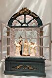 Yılbaşı Noel Pencere Tasarımlı Kar Küresi Noel Baba Karakter Işık kahve Yeni Yıl Melek Kanat