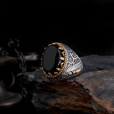 Erkek 925 Ayar Gümüş Yüzük –  Kılıç İşlemeli Mineli El Yapımı Gümüş Yüzük