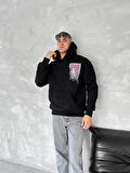 Uzun Kol Kapüşonlu Ön Ve Arka Baskılı SweatShirt - Siyah