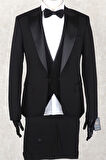Jan Carlucci Slim Fit Saten Sivri Yaka-Çift Yırtmaç  Siyah Drop 6 Damatlık Smokin - Full Set Yelek, Gömlek, Papyon 