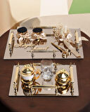 Gold Ayna 4 Kulplu Dikdörtgen Söz Nişan Tepsisi ve Damat Kahve Fincan Tepsisi