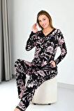 Uzun Kol Onü Düğmeli  Pembe Çiçekli Bayan Pijama Takımı