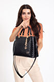Siyah Rugan Mini Kare Desen Uzun Askılı El Ve Omuz Çanta