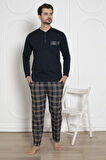 Erkek Ekose Desenli Likralı Pamuk Uzun Kol Kışlık İnterlok Göğüs Cepli Pijama Takımı 