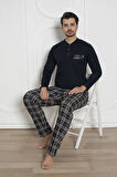 Erkek Ekose Desenli Likralı Pamuk Uzun Kol Kışlık İnterlok Göğüs Cepli Pijama Takımı 