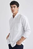 DeFacto Relax Fit Polo Yaka Çizgili Oxford Uzun Kollu Gömlek B3679AX24SPIN34