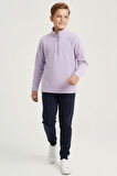 Erkek Çocuk Uzun Kollu Mor Dik Yaka Yarım Fermuarlı Polar Üst-Sweatshirt - Erkek Çocuk Polar