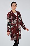 Lal V Yaka Desenli Bordo Kadın Hırka 21241006