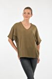 Twomail V Yaka Düşük Kol Haki Kadın Bluz MK2250008189