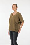 Twomail V Yaka Düşük Kol Haki Kadın Bluz MK2250008189