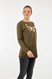Twomail Yuvarlak Yaka Çiçekli Uzun Kollu Haki Kadın Triko MK2250020551