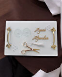 Adore Gold Beyaz İncili Söz Tepsisi Nişan Tepsisi ve Damat Kahve Fincan Tepsisi