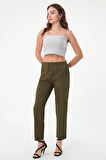 Kadın Haki Beli Lastikli Dar Kesim Pantolon