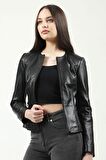 DERİCLUB RM384 Kroko Baskılı Crop Fit Gerçek Deri Kadın Mont