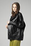 DERİCLUB WM019 Oversize Biker Hakiki Deri Kadın Mont