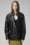 DERİCLUB WM019 Oversize Biker Hakiki Deri Kadın Mont