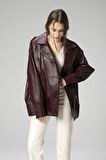 DERİCLUB WM019 Oversize Biker Hakiki Deri Kadın Mont