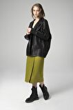 DERİCLUB WM019 Oversize Biker Hakiki Deri Kadın Mont