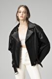 DERİCLUB WM031 Oversize Biker Kadın Silme Deri Mont
