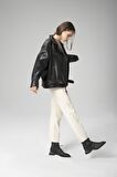 DERİCLUB WM031 Oversize Biker Kadın Silme Deri Mont