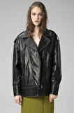 DERİCLUB WM019 Oversize Biker Hakiki Deri Kadın Mont