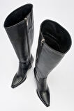 Kadın Topuklu Sivri Burunlu Fermuarlı Çizme Gerçek Deri DC 1591 SİYAH