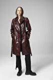 DERİCLUB Paris Kadın Kemerli Düğmeli Kruvaze Yaka Trençkot Hakiki Deri BORDO