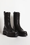 Kadın Postal Kalın Tabanlı Fermuarlı Günlük Bot Gerçek Deri BR 66159 SİYAH