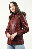 DERİCLUB Mistral Kadın Kapüşonlu Hakiki Deri Kaban ÖK.BORDO