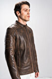 DERİCLUB Keigo Erkek Dik Yaka El Yapımı Motorcu Gerçek Deri Mont TABA