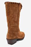 DERİCLUB Kadın Vintage Kısa Topuk Kovboy Çizme Gerçek Süet Deri RG 3521 TÜTÜN