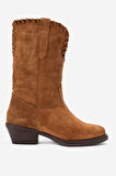 DERİCLUB Kadın Vintage Kısa Topuk Kovboy Çizme Gerçek Süet Deri RG 3521 TÜTÜN