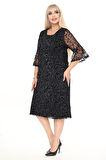 İspanyol Kol Büyük Beden Astarı Sim Detaylı Elbise 45A-2698