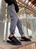 BA0329 3 Bant Siyah Tabanlı Gümüş Detaylı Kalın Taban Casual Erkek Ayakkabı