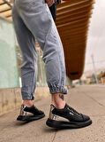 BA0329 3 Bant Siyah Tabanlı Gümüş Detaylı Kalın Taban Casual Erkek Ayakkabı