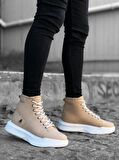 BA0155 Bağcıklı Erkek Yüksek Taban Krem Beyaz Taban Spor Bot